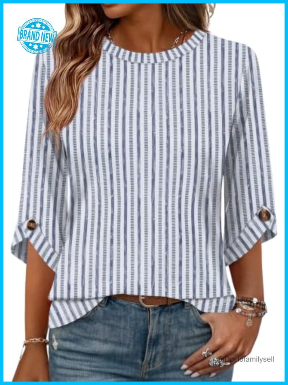 Womens 3/4 Sleeve Button Cuff Blouse Loose Fit Curved Hem Work Top